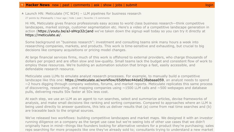 Screenshot of Hacker News post: Launch HN: Meticulate (YC W24) – LLM pipelines for business research