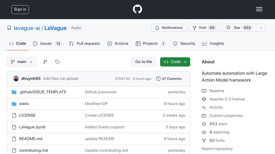 Screenshot of github.com: LaVague: Open-source Large Action Model to automate Selenium browsing