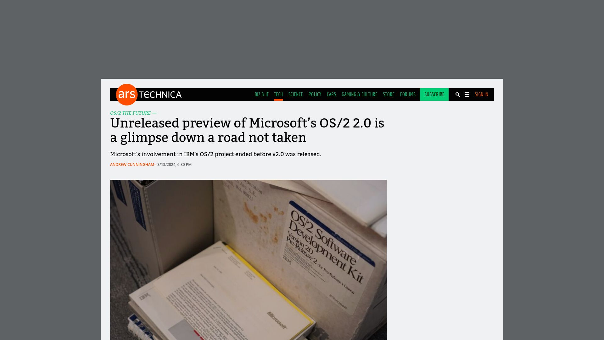 Screenshot of arstechnica.com: Unreleased preview of Microsoft's OS/2 2.0 is a glimpse down a road not taken