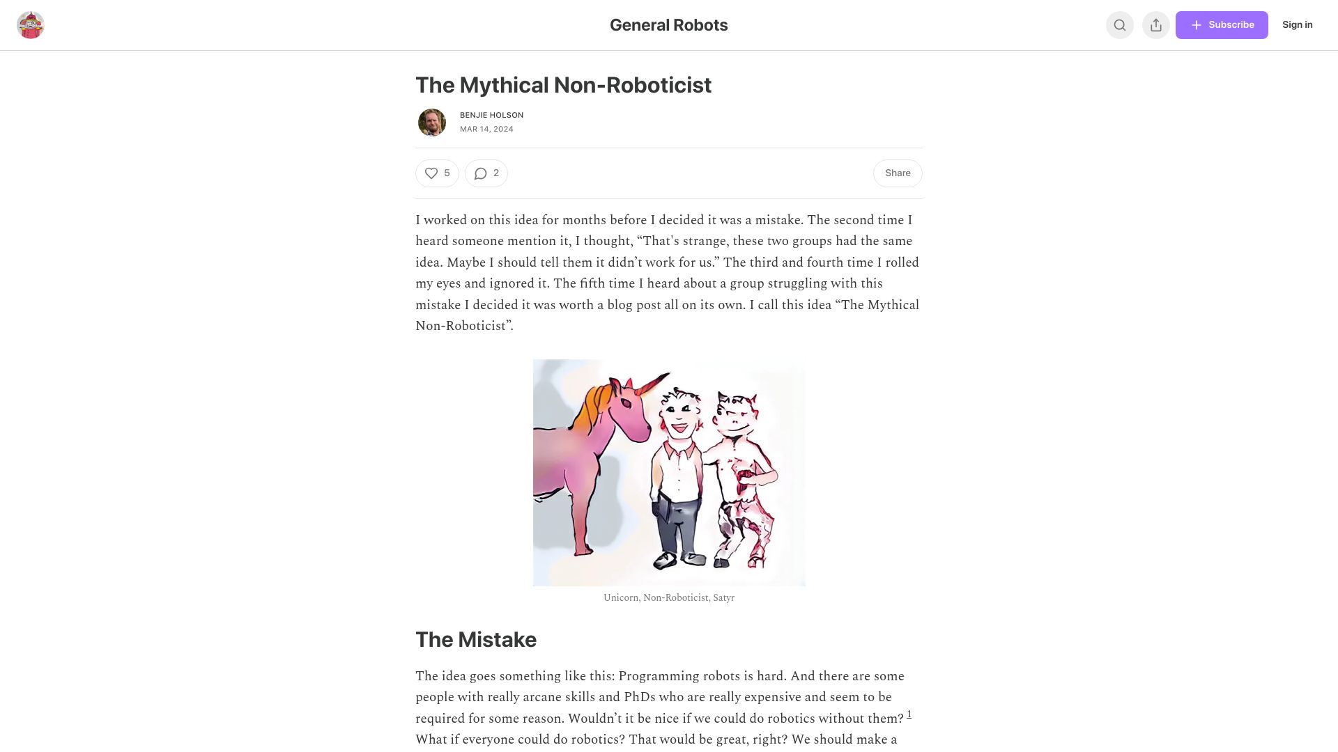Screenshot of generalrobots.substack.com: The Mythical Non-Roboticist