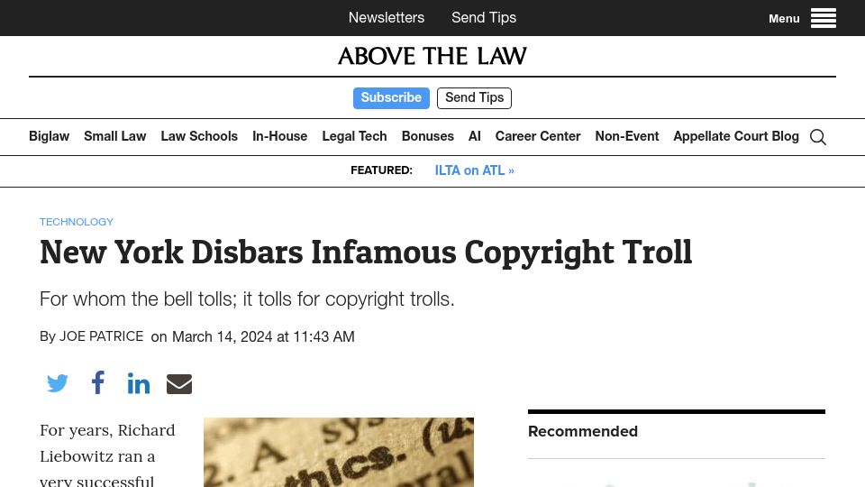 Screenshot of abovethelaw.com: New York disbars infamous copyright troll