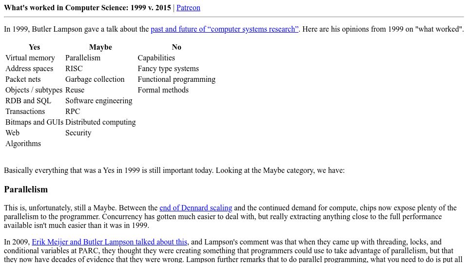 Screenshot of danluu.com: What's worked in Computer Science: 1999 vs. 2015 (2015)
