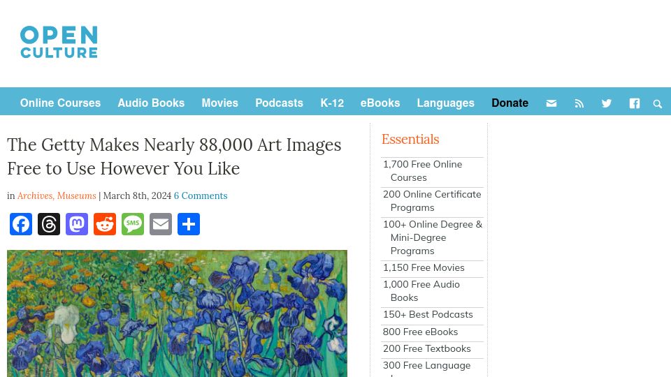 Screenshot of openculture.com: The Getty makes nearly 88k art images free to use