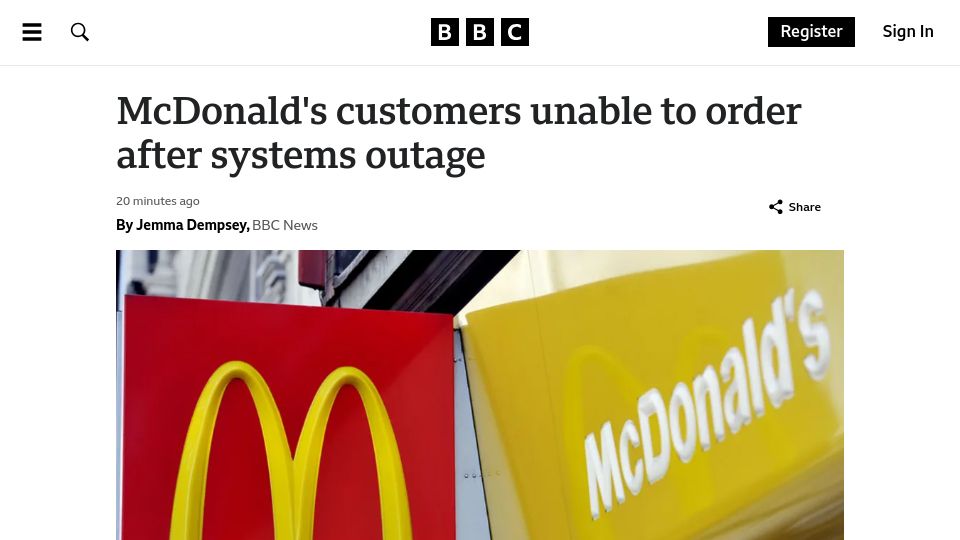 Screenshot of bbc.co.uk: McDonald's customers unable to order after systems outage