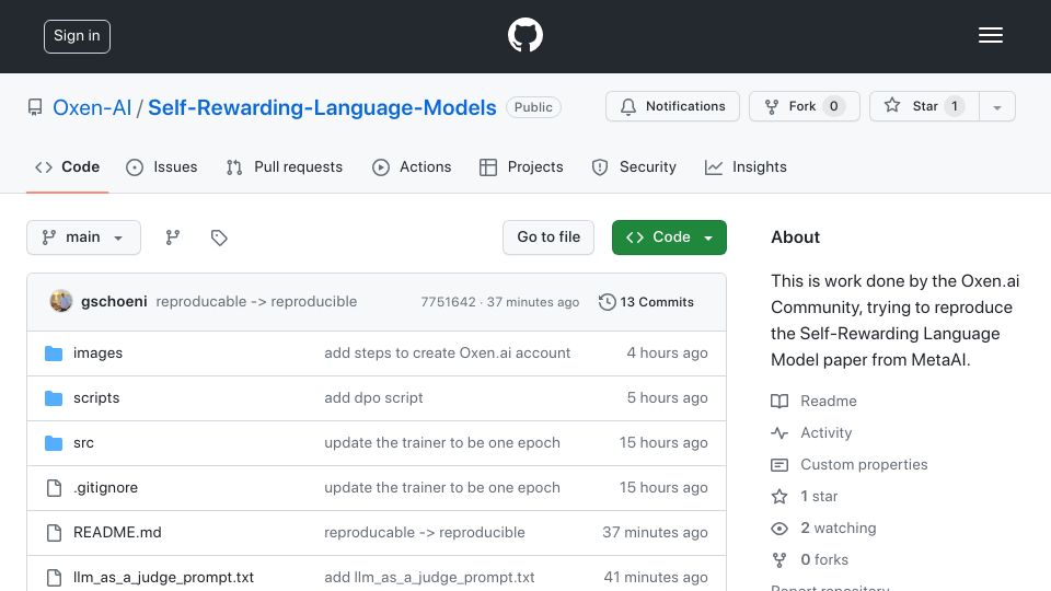 Screenshot of github.com: Show HN: Implementation of the "Self-Rewarding Language Models" Paper by MetaAI