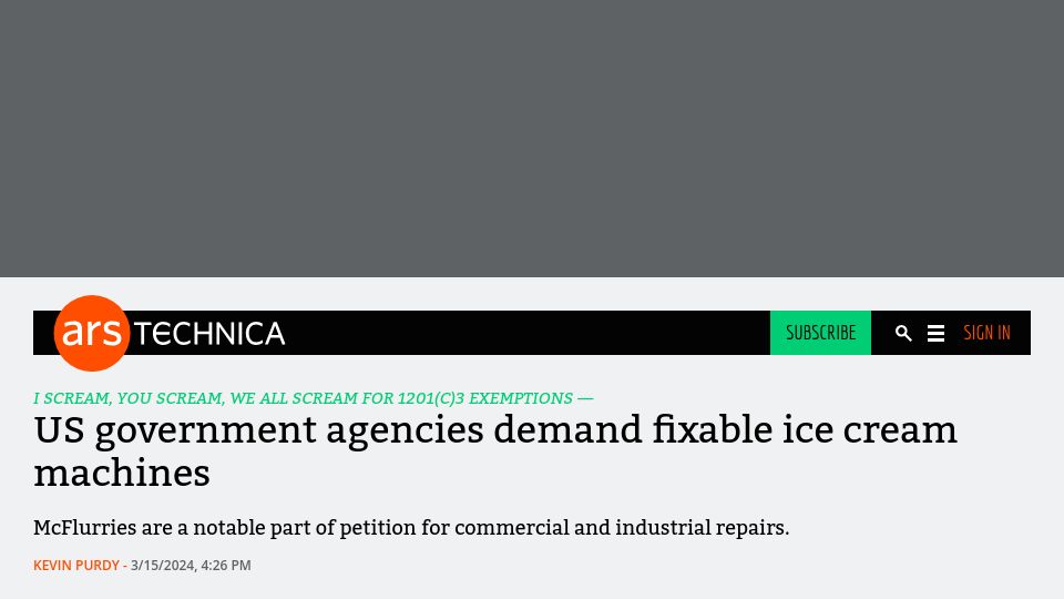 Screenshot of arstechnica.com: FTC and DOJ want to free McDonald's ice cream machines from DMCA repair rules