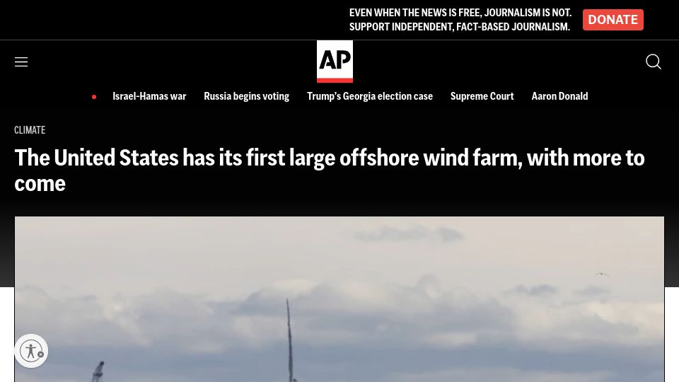 Screenshot of apnews.com: The United States has its first large offshore wind farm, with more to come