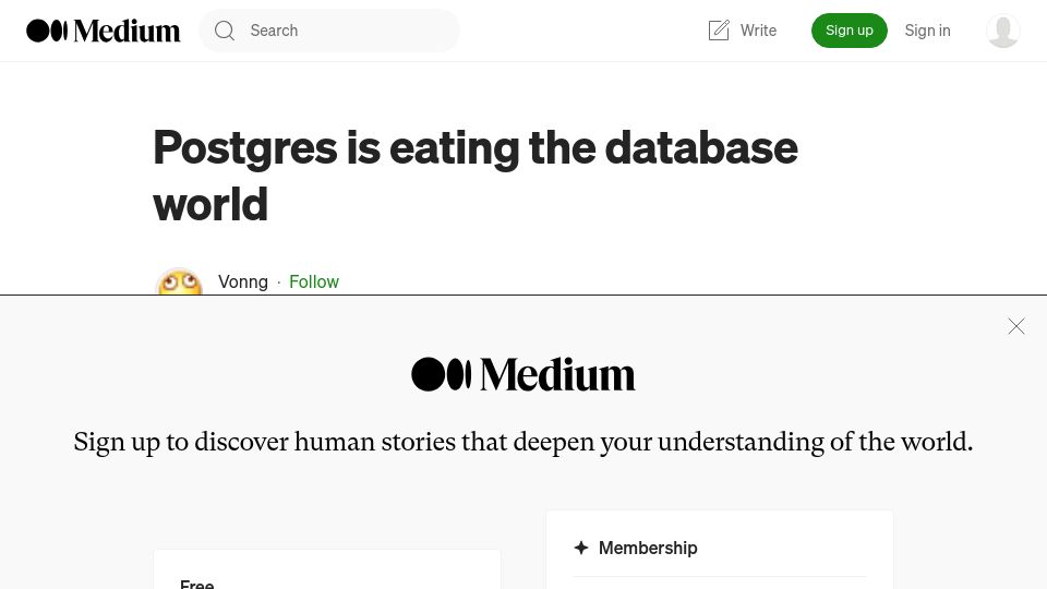 Screenshot of medium.com: Postgres is eating the database world