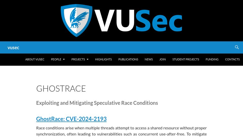 Screenshot of vusec.net: GhostRace: Exploiting and mitigating speculative race conditions