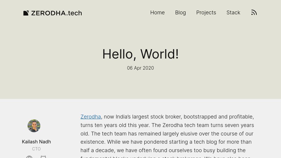 Screenshot of zerodha.tech: Zerodha Tech – Hello, World
