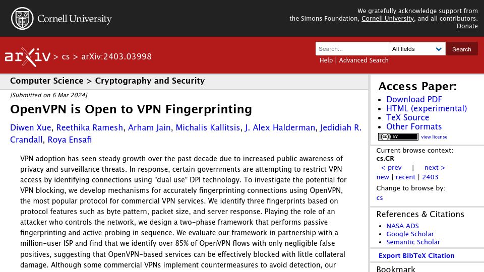 Screenshot of arxiv.org: OpenVPN Is Open to VPN Fingerprinting