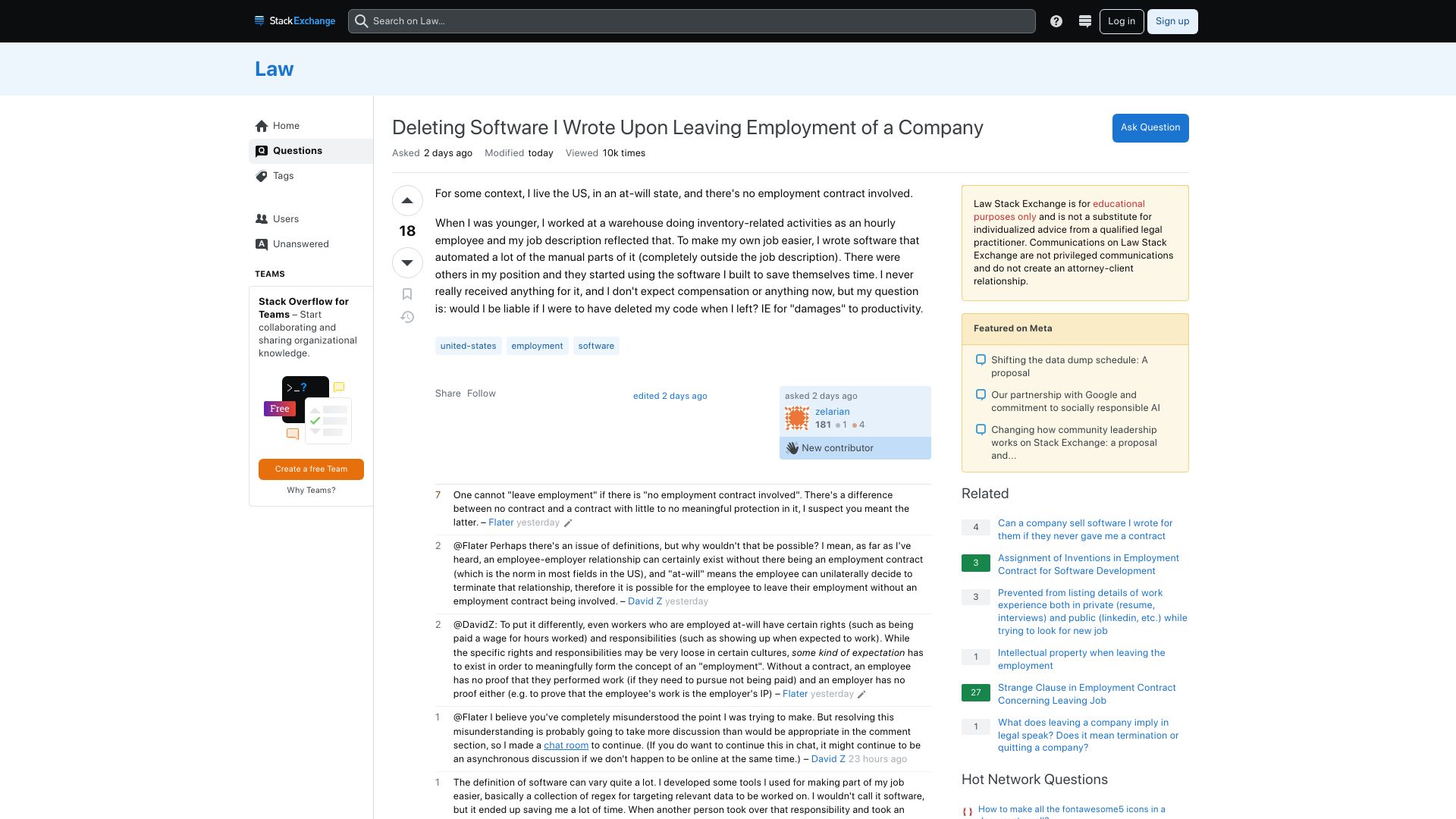 Screenshot of law.stackexchange.com: Deleting Software I Wrote Upon Leaving Employment of a Company