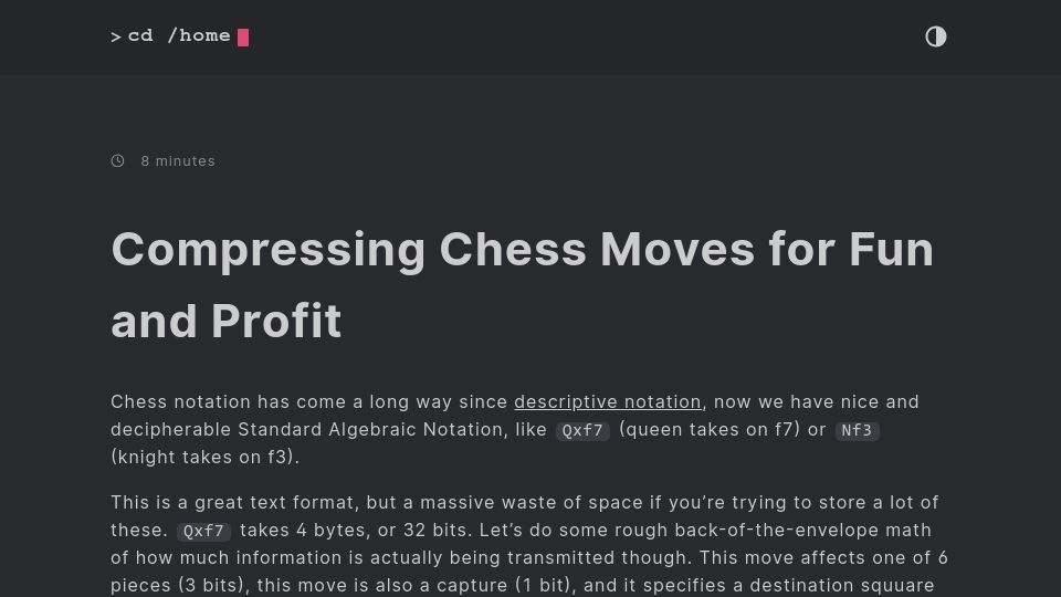 Screenshot of mbuffett.com: Compressing chess moves for fun and profit