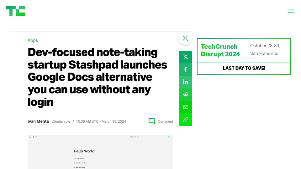 Screenshot of techcrunch.com: Stashpad launches Google Docs alternative you can use without any login