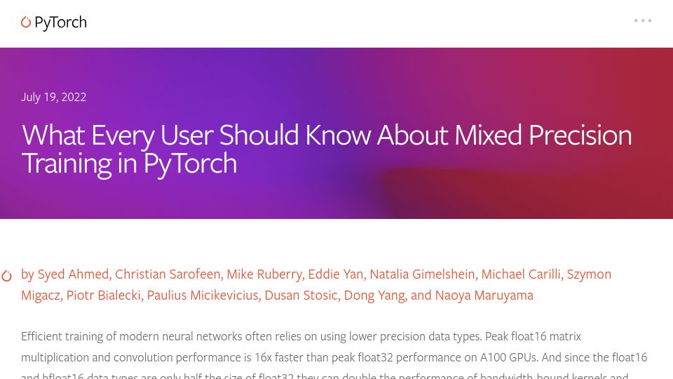 Screenshot of pytorch.org: What Every User Should Know About Mixed Precision Training in PyTorch