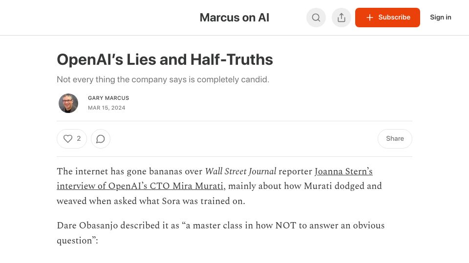 Screenshot of garymarcus.substack.com: OpenAI's Lies and Half-Truths