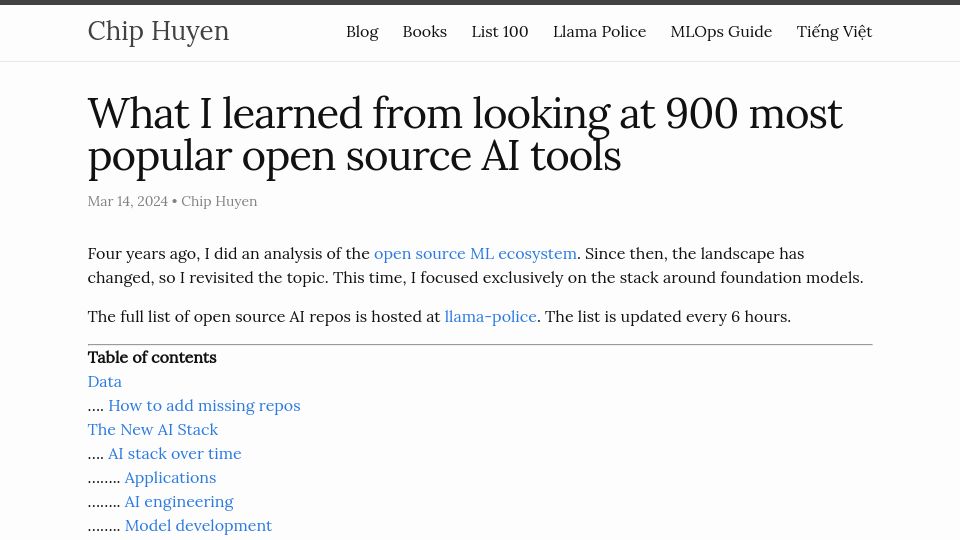 Screenshot of huyenchip.com: What I learned from looking at 900 most popular open source AI tools