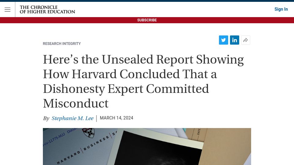 Screenshot of chronicle.com: Harvard concluded that a dishonesty expert committed misconduct