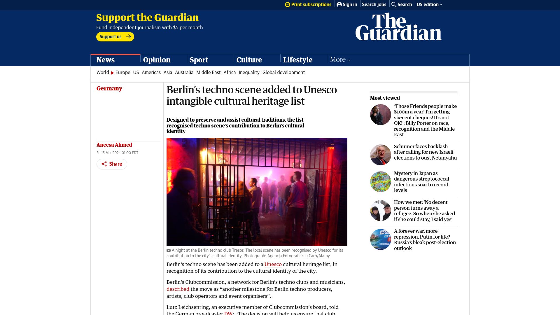 Screenshot of theguardian.com: Berlin's techno scene added to Unesco intangible cultural heritage list