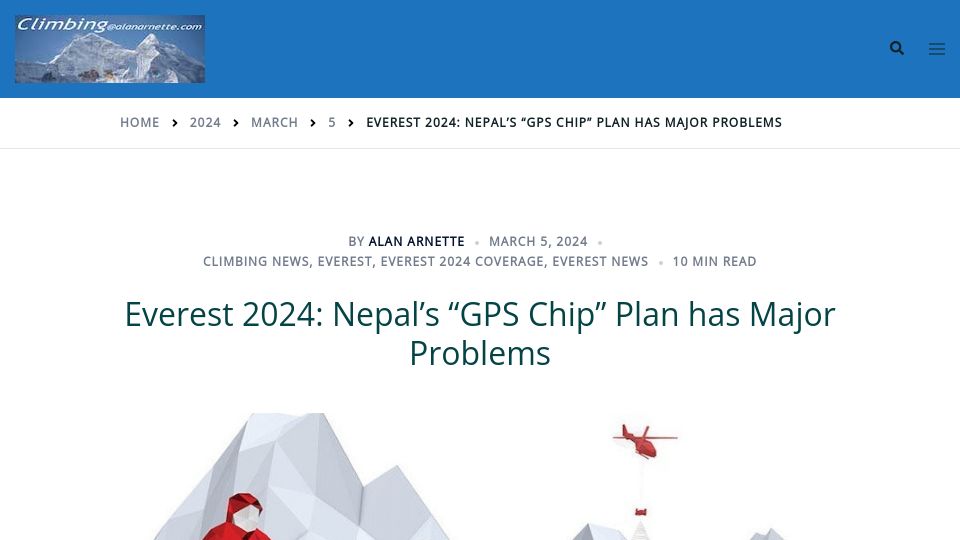 Screenshot of alanarnette.com: Everest 2024: Nepal's "GPS Chip" Plan Has Major Problems