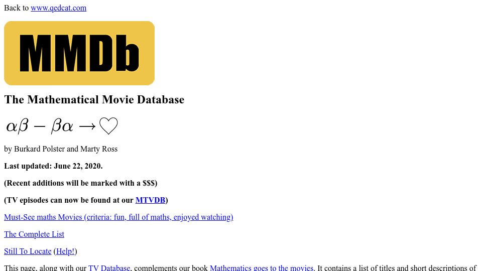 Screenshot of qedcat.com: The Mathematical Movie Database
