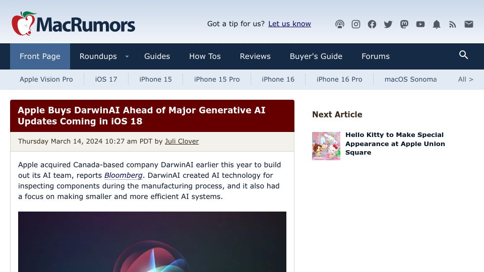 Screenshot of macrumors.com: Apple Buys DarwinAI Ahead of Major Generative AI Updates Coming in iOS 18