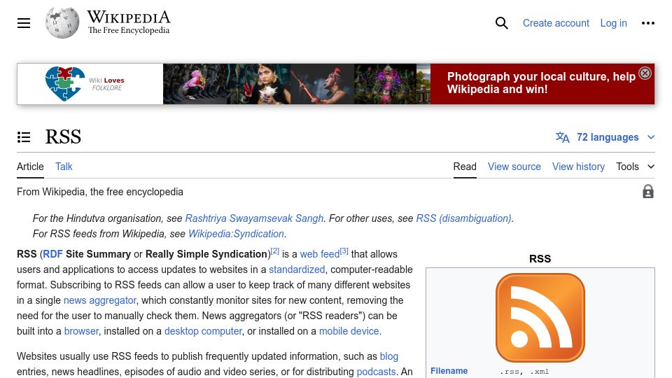 Screenshot of en.wikipedia.org: RSS was released 25 years ago today