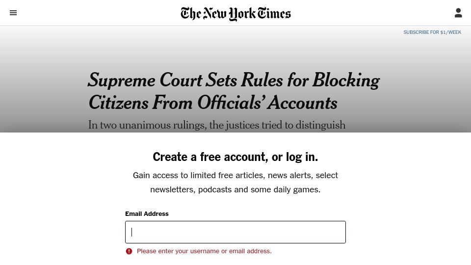 Screenshot of nytimes.com: Supreme Court Sets Rules for Blocking Citizens from Officials' Accounts