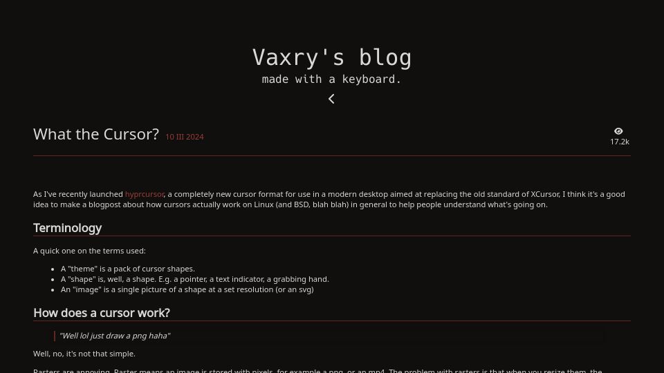Screenshot of blog.vaxry.net: Improving cursor rendering on Wayland