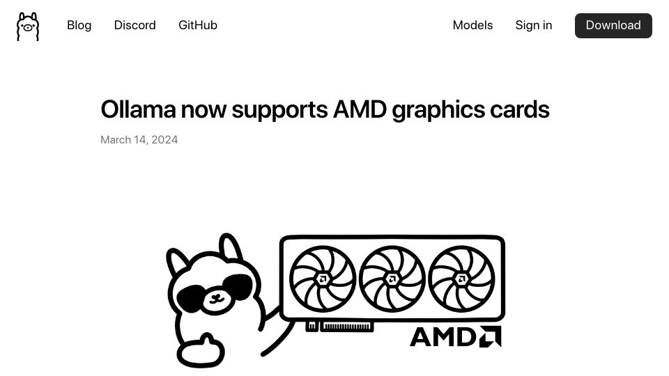 Screenshot of ollama.com: Ollama now supports AMD graphics cards