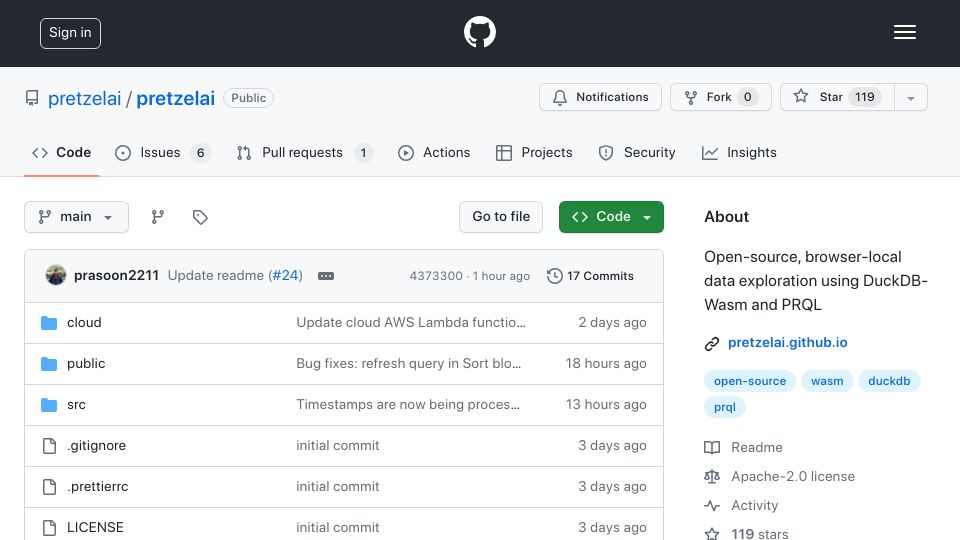 Screenshot of github.com: Show HN: Open-source, browser-local data exploration using DuckDB-WASM and PRQL