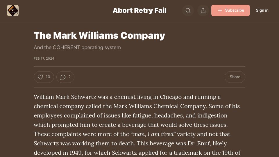 Screenshot of abortretry.fail: The Mark Williams Company and the COHERENT operating system