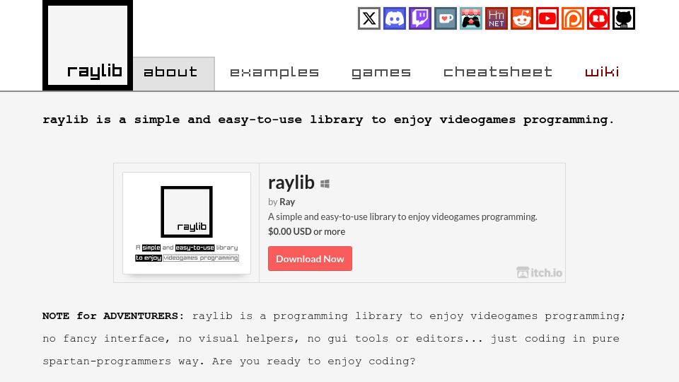 Screenshot of raylib.com: raylib – A simple library to enjoy videogames programming