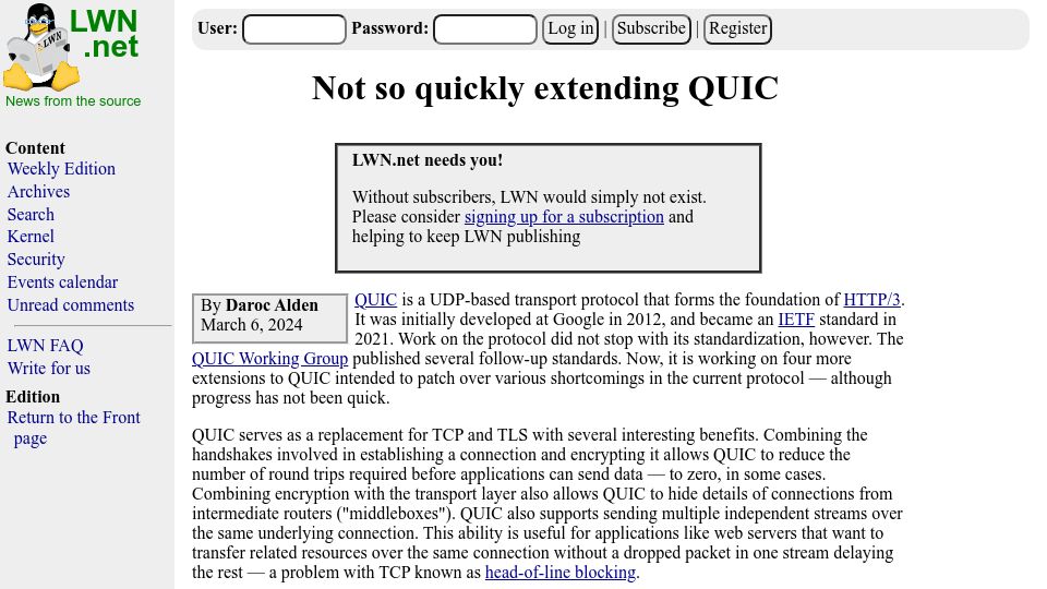 Screenshot of lwn.net: Not so quickly extending QUIC
