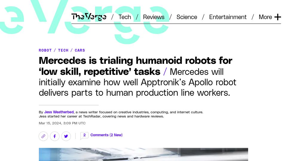 Screenshot of theverge.com: Mercedes is trialing humanoid robots for 'low skill, repetitive' tasks