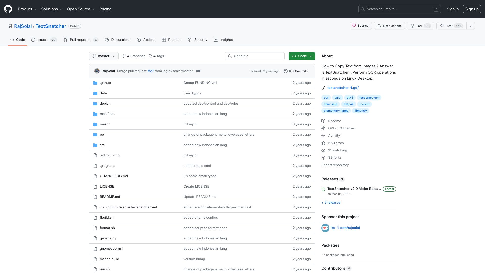 Screenshot of github.com: TextSnatcher: Copy text from images, for the Linux Desktop