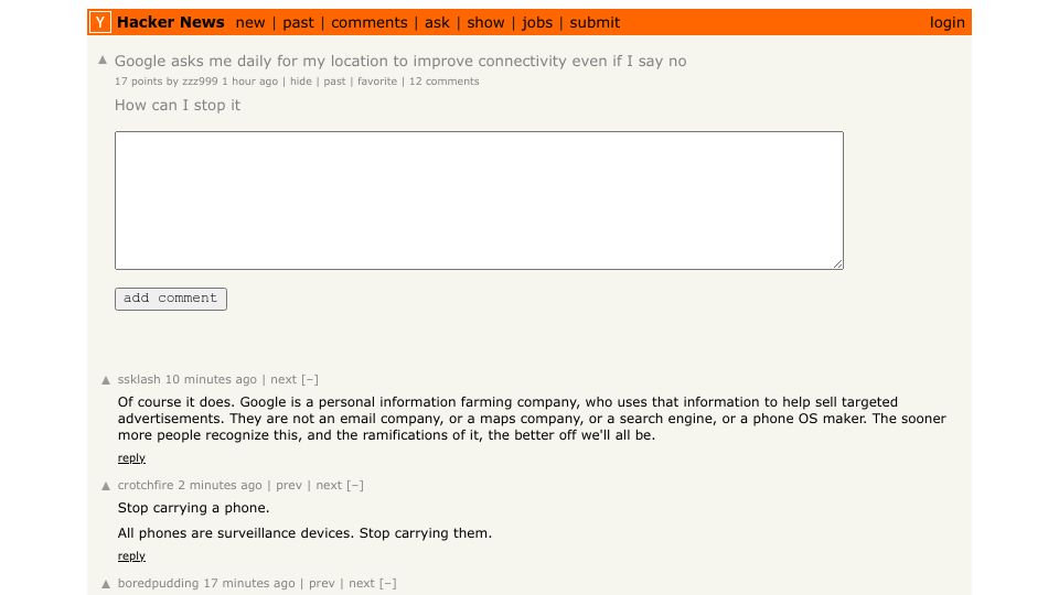 Screenshot of Hacker News post: Google asks me daily for my location to improve connectivity even if I say no