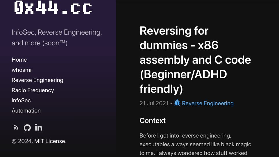 Screenshot of 0x44.cc: Reversing for dummies – x86 assembly and C code (Beginner/ADHD friendly)