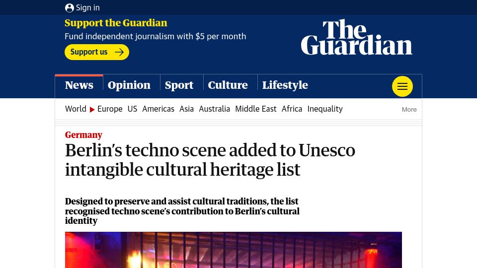 Screenshot of theguardian.com: Berlin's techno scene added to Unesco intangible cultural heritage list