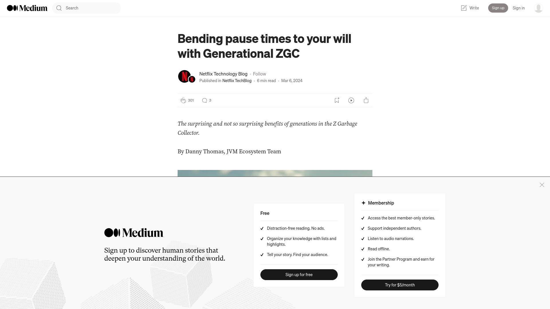 Screenshot of netflixtechblog.com: Bending pause times to your will with Generational ZGC