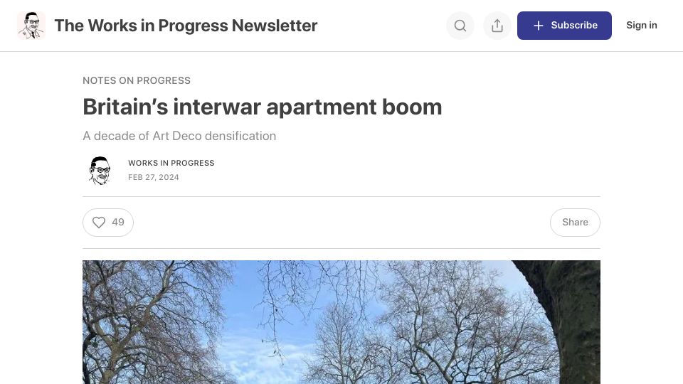 Screenshot of worksinprogress.news: Britain's decade of Art Deco densification