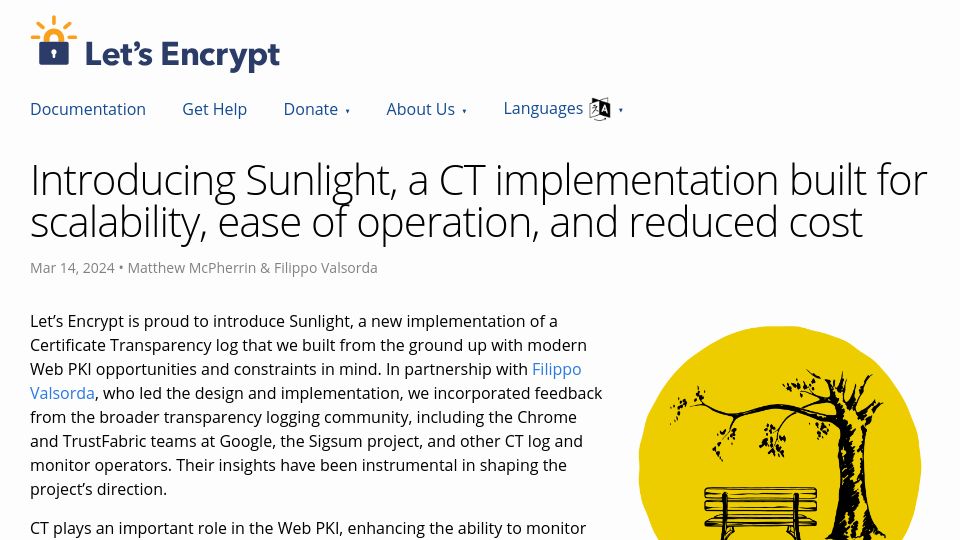Screenshot of letsencrypt.org: Sunlight, a Certificate Transparency log implementation