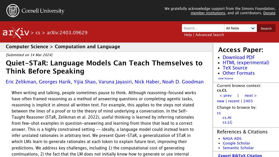 Screenshot of arxiv.org: Quiet-STaR: Language Models Can Teach Themselves to Think Before Speaking