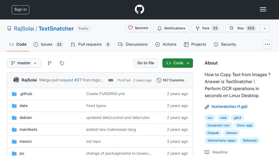 Screenshot of github.com: TextSnatcher: Copy text from images, for the Linux Desktop