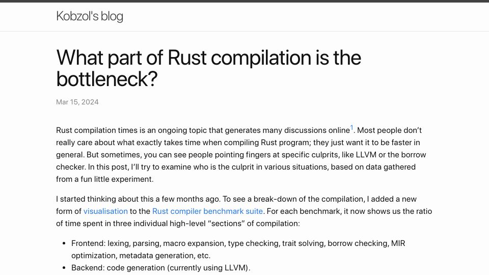 Screenshot of kobzol.github.io: What part of Rust compilation is the bottleneck?