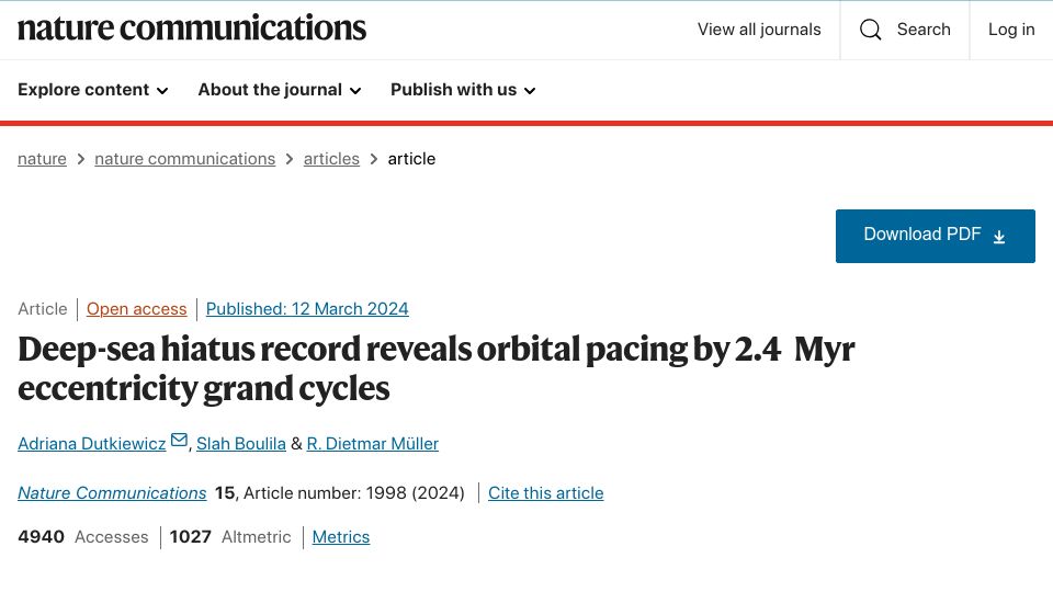 Screenshot of nature.com: Deep-sea hiatus record reveals orbital 2.4 Myr paced eccentricity grand cycles