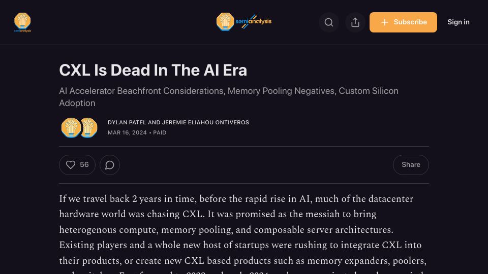 Screenshot of semianalysis.com: CXL Is Dead in the AI Era