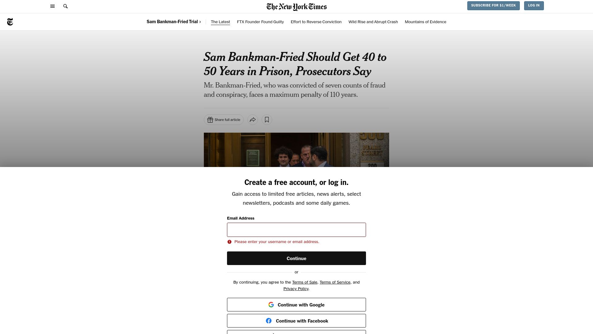 Screenshot of nytimes.com: Sam Bankman-Fried Should Get 40 to 50 Years in Prison, Prosecutors Say