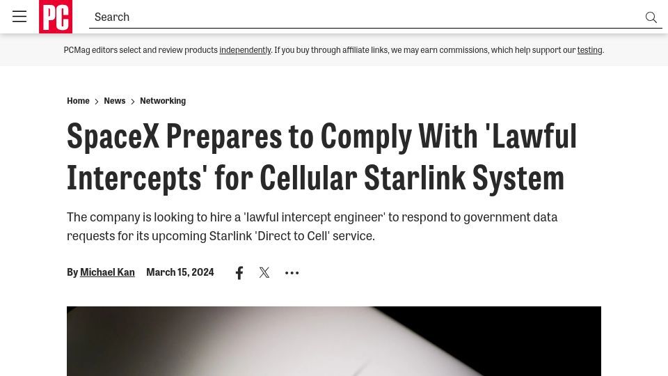 Screenshot of pcmag.com: SpaceX Prepares to Comply with 'Lawful Intercepts' for Cellular Starlink System