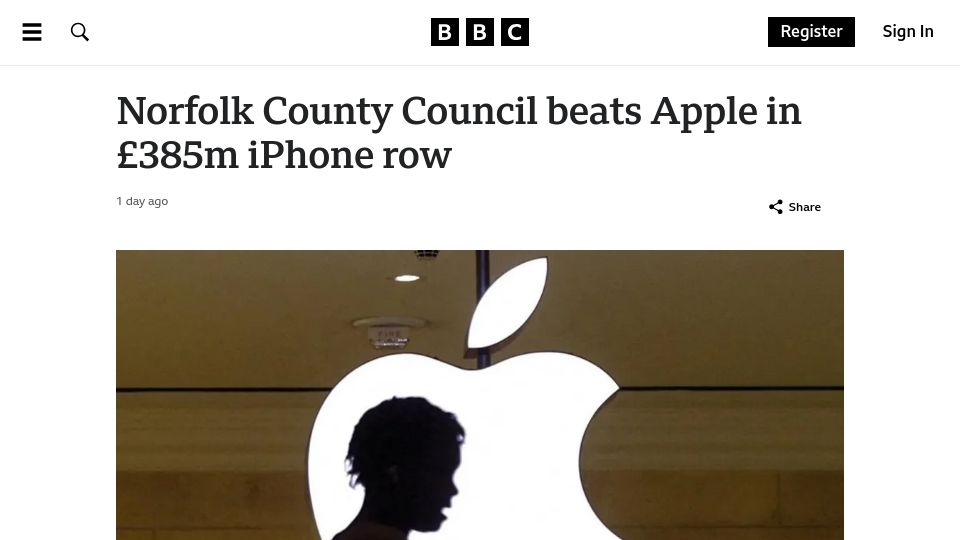 Screenshot of bbc.com: Norfolk County Council beats Apple in £385M iPhone row